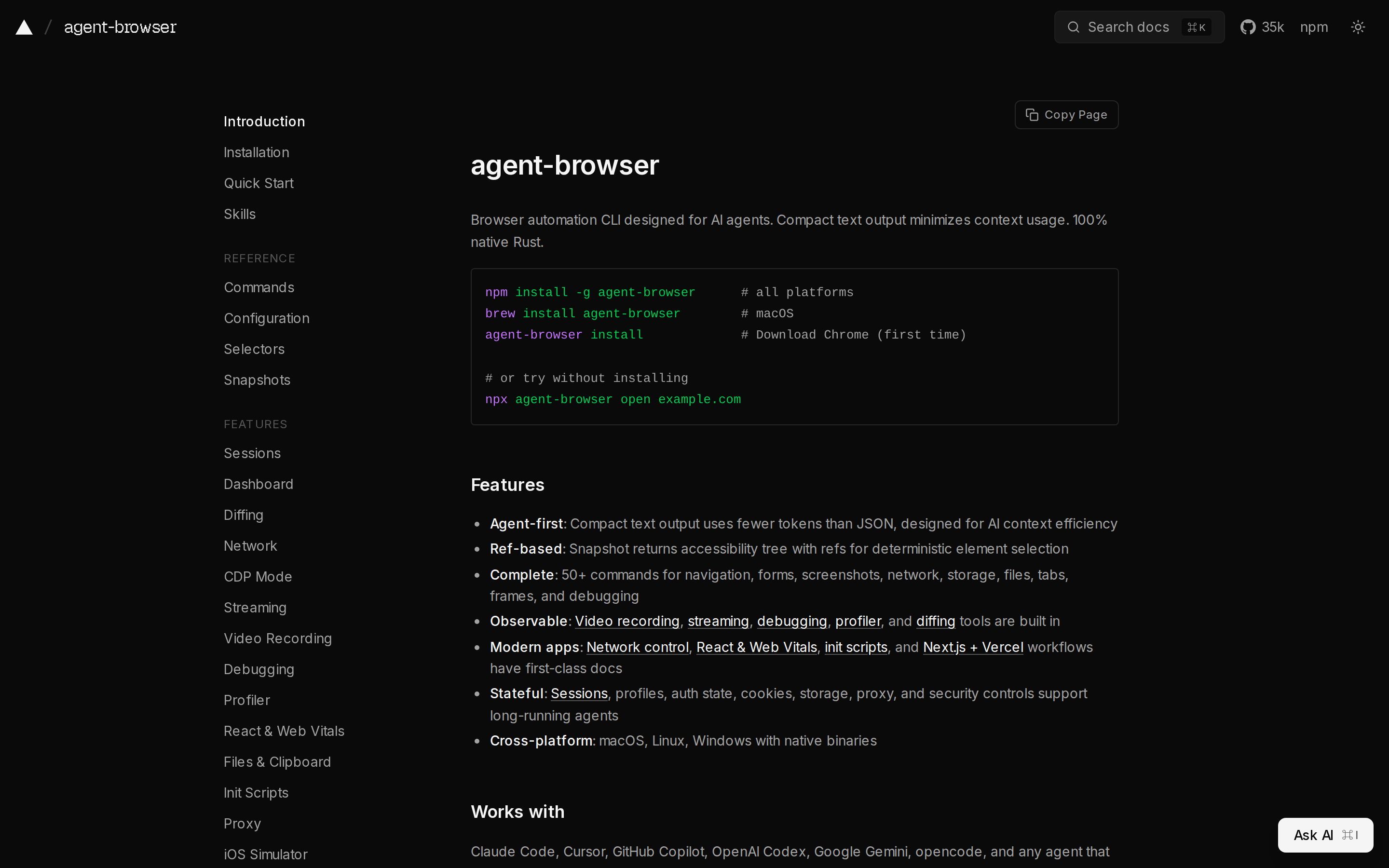 agent-browser homepage showing installation commands and features