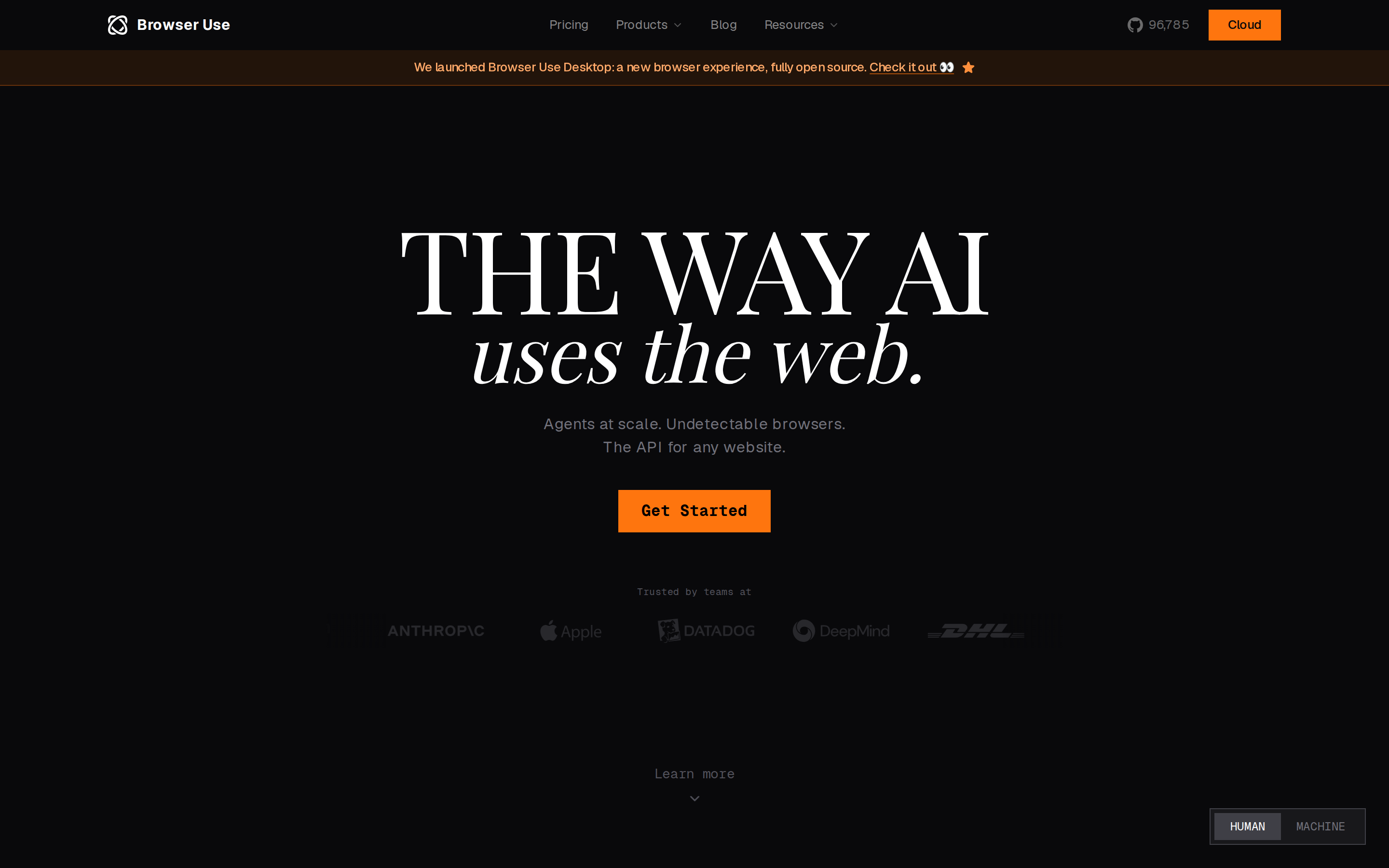 Browser Use homepage showing a browser agent workflow