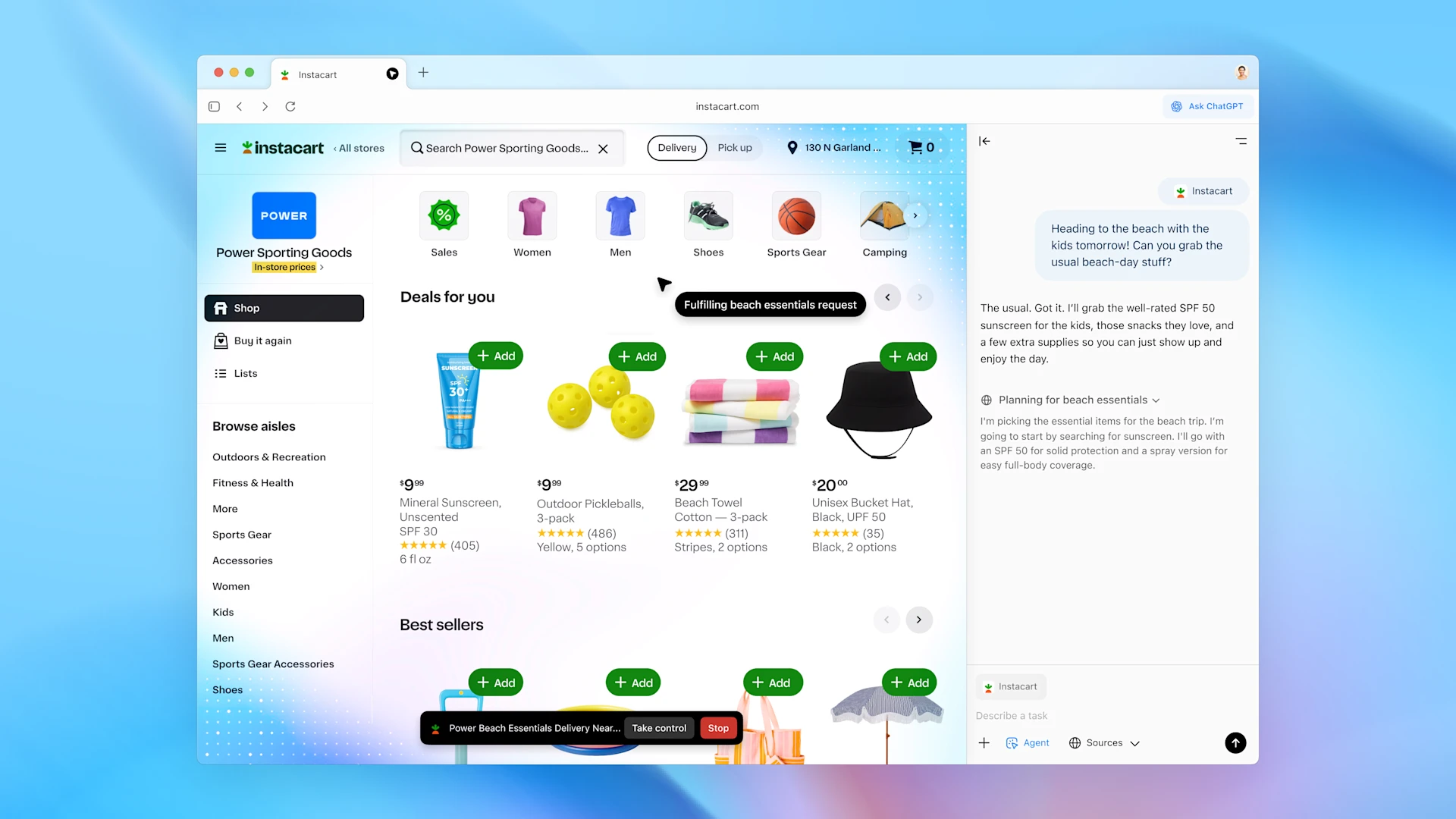 ChatGPT Atlas showing agent mode in a browser with an Instacart page and ChatGPT sidebar
